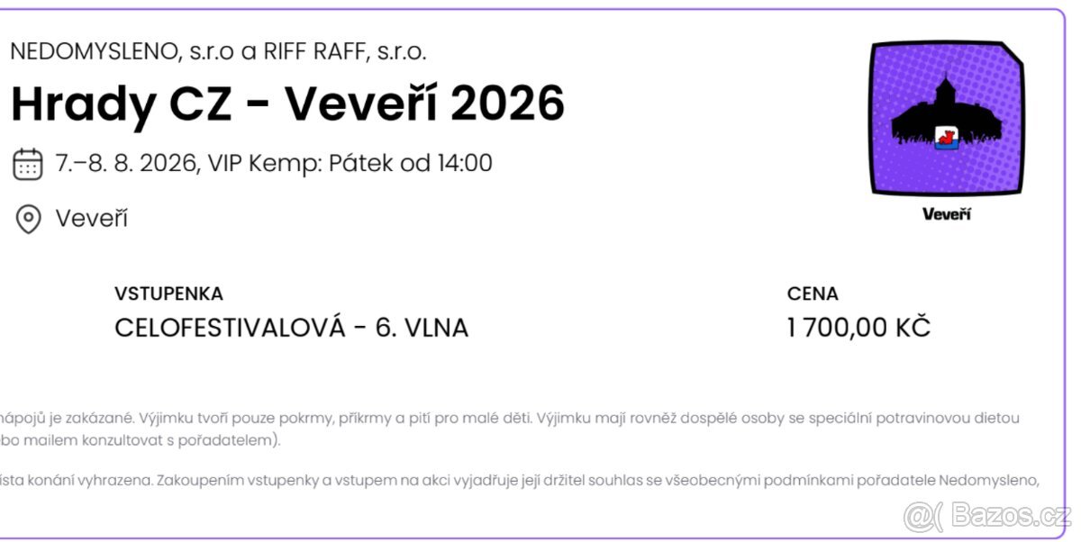 Vstupenky Hrady CZ - Veveří 7.–8. 8. 2026