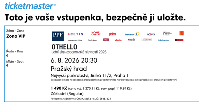 Shakespearovské slavnosti 6.8.2026 Othello, VIP zóna