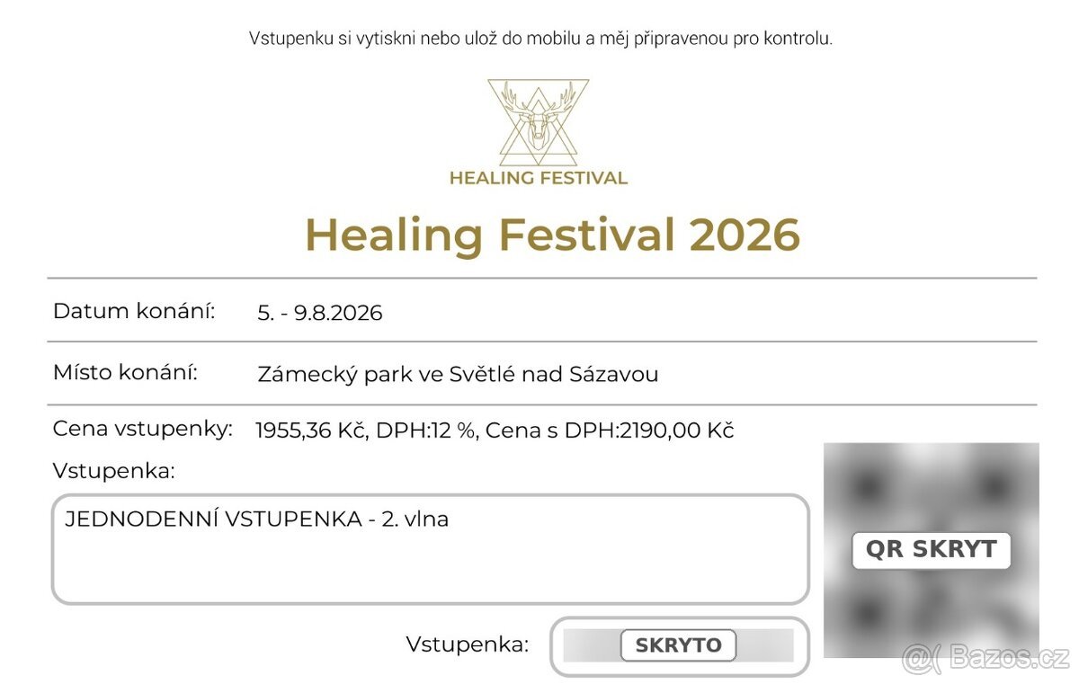 Jednodenní vstupenka Healing Festival 2026 za nákupní cenu