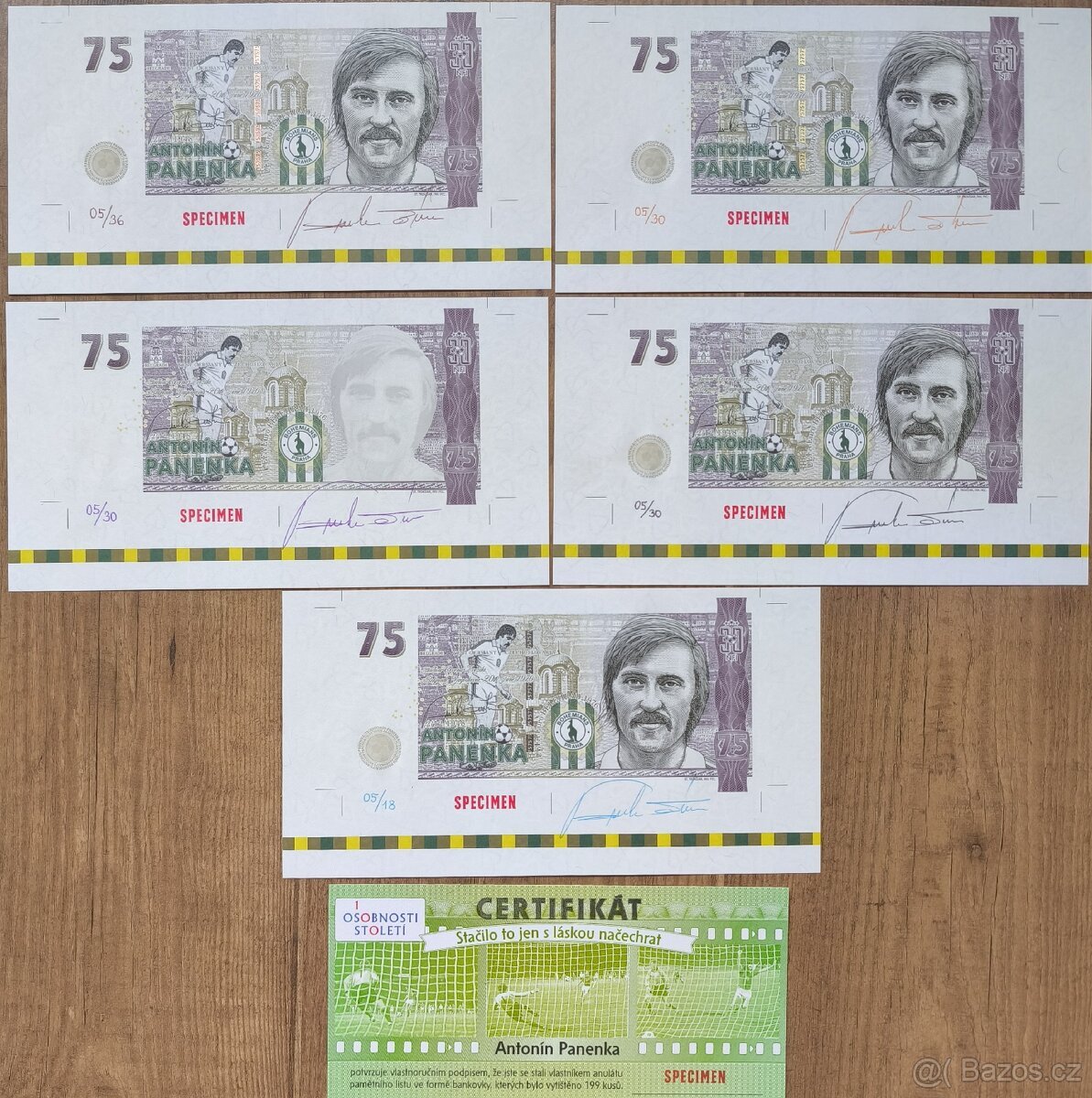 5ks Antonín Panenka 75 - bankovní arch (SPECIMEN + bonus)