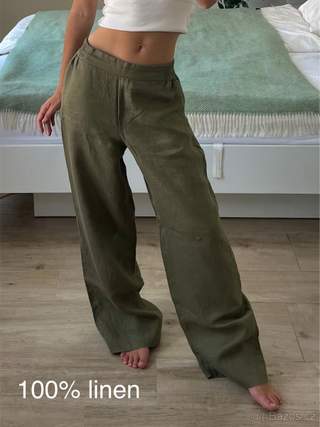 Lněné zelené khaki kalhoty Zara (100% len)