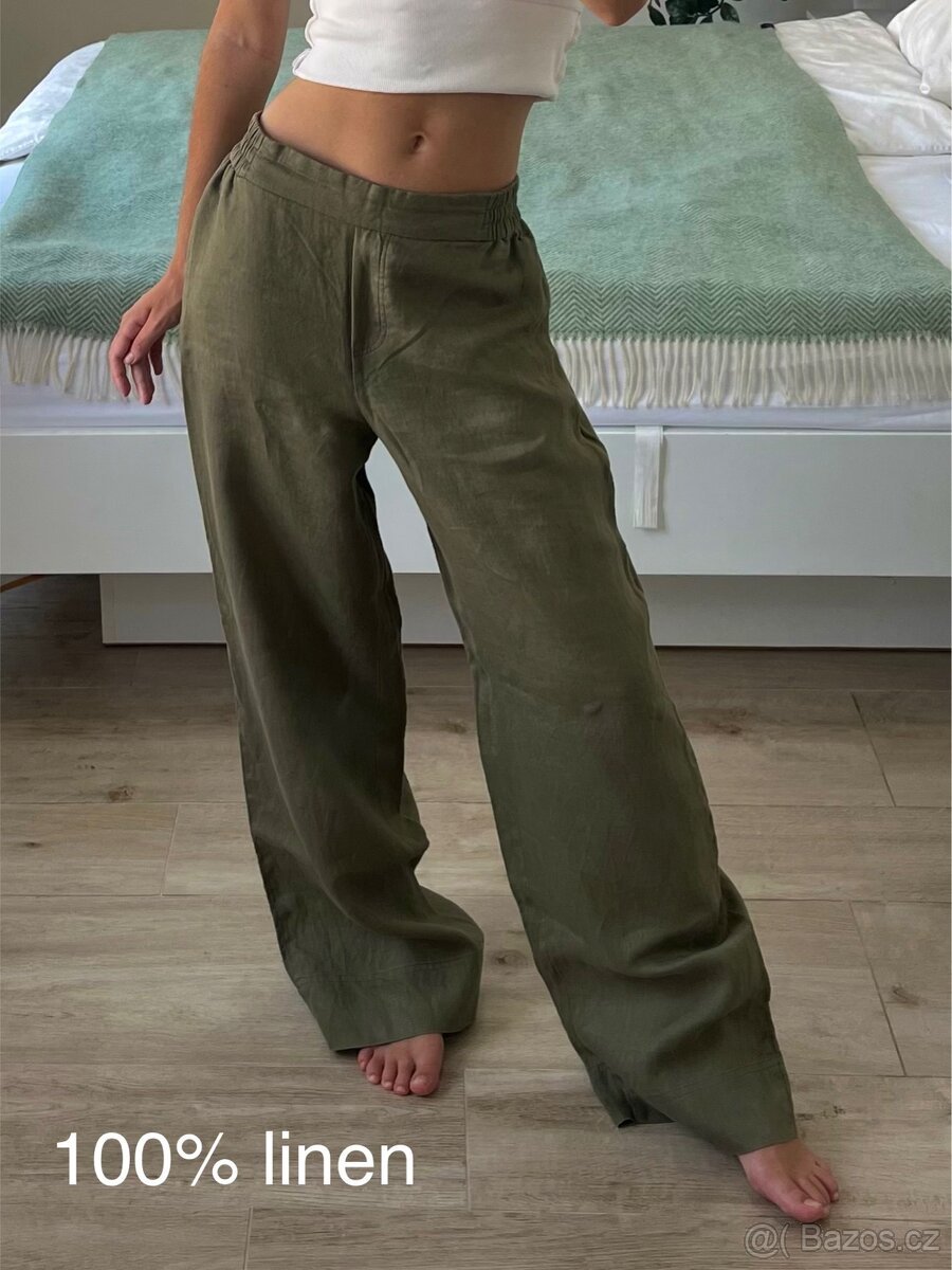 Lněné zelené khaki kalhoty Zara (100% len)