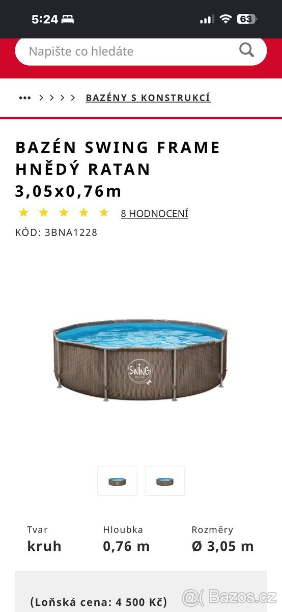 BAZÉN SWING FRAME HNĚDÝ RATAN 3,05x0,76m