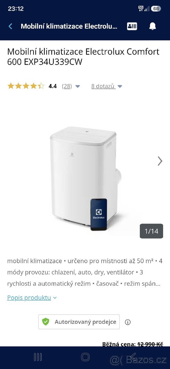Mobilní klimatizace Elektrolux 12000 BTU, záruka 19.1.2027