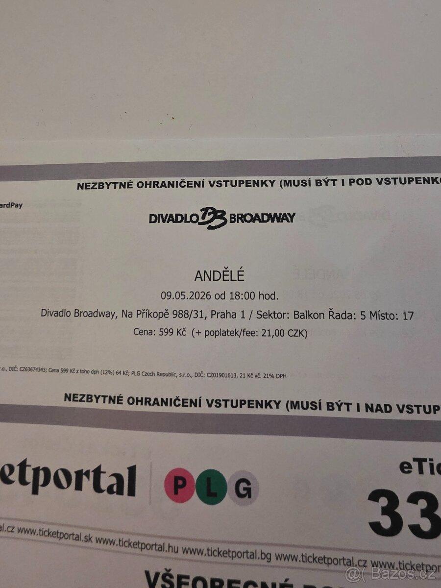 Prodám vstupenky na muzikál Andělé sobota 9.5.