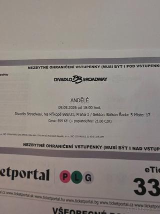 Prodám vstupenky na muzikál Andělé sobota 9.5.