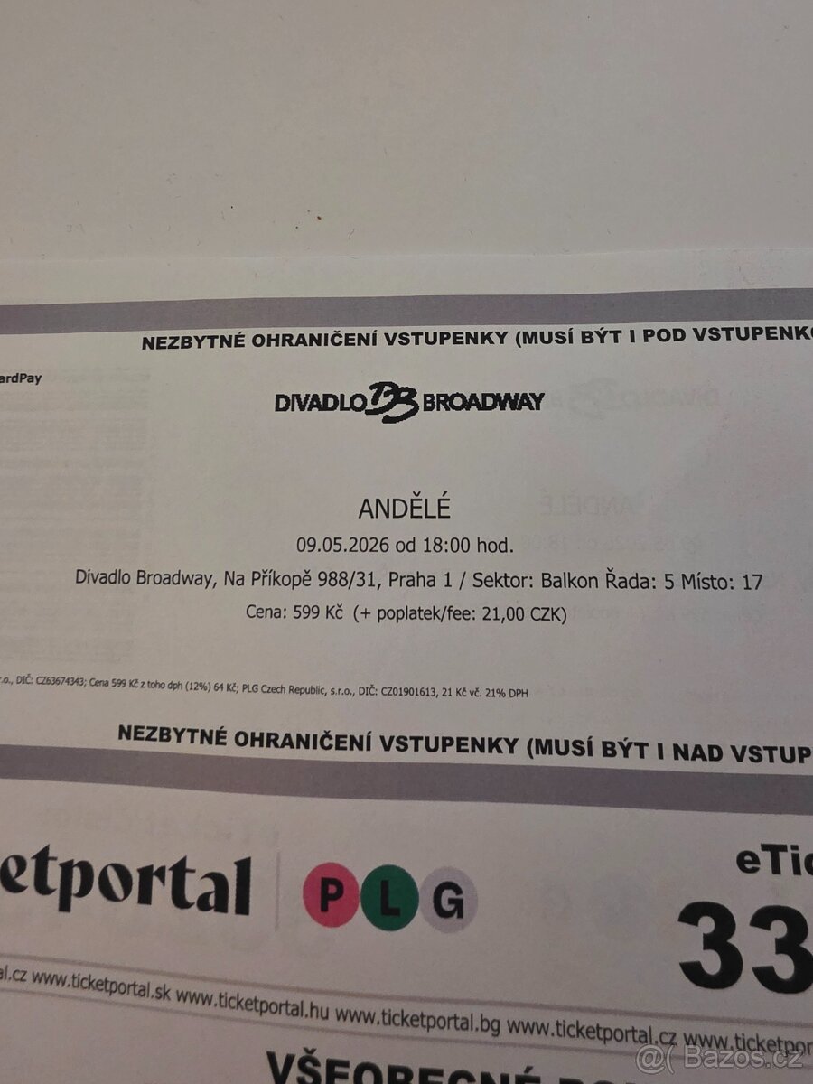 Prodám vstupenky na muzikál Andělé sobota 9.5.