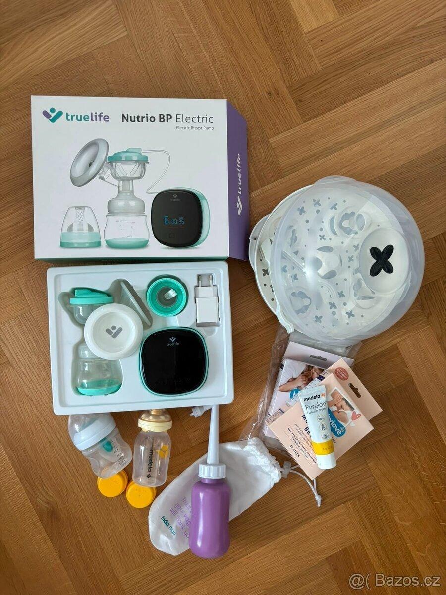 Set věcí - odsávačka, sterilizátor, lahvičky, sáčky na mléko
