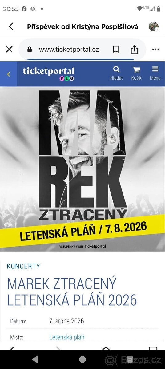 4x lístky na koncert Marka Ztraceného Letenská Pláň .