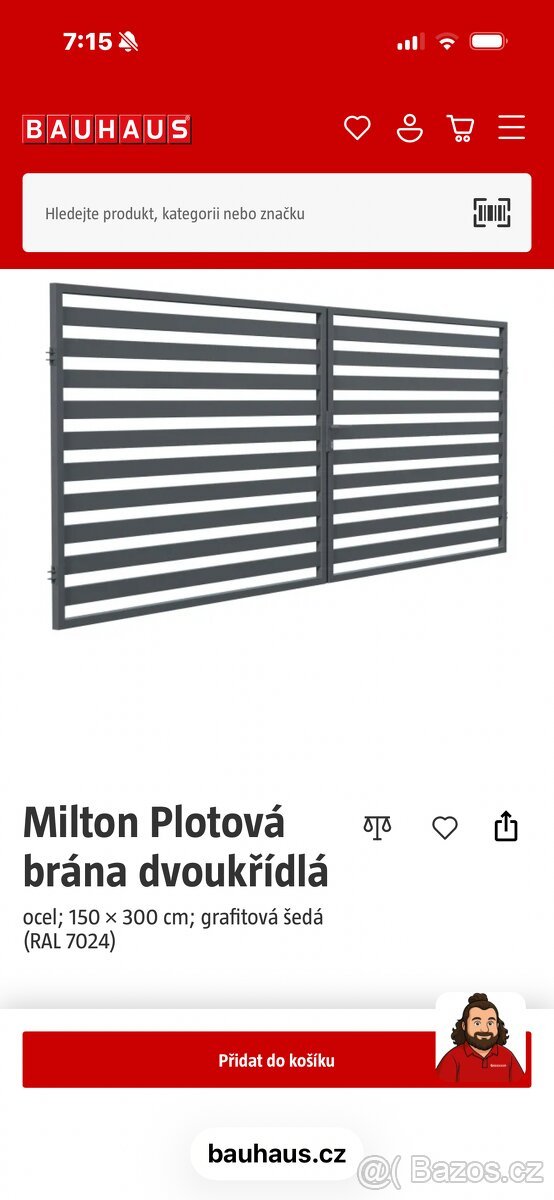 Plotová brána dvoukřídlá Milton, 150x300cm, 2xsloupek 10x10