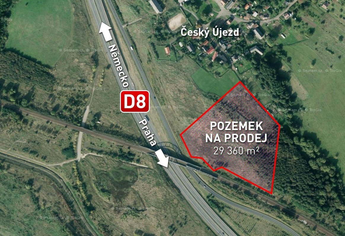 SLEVA - prodám pozemek u dálnice D8, 29 360m2, 255Kč/1m2