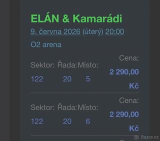 2 vstupenky Elán a kamarádi Praha 9.6.