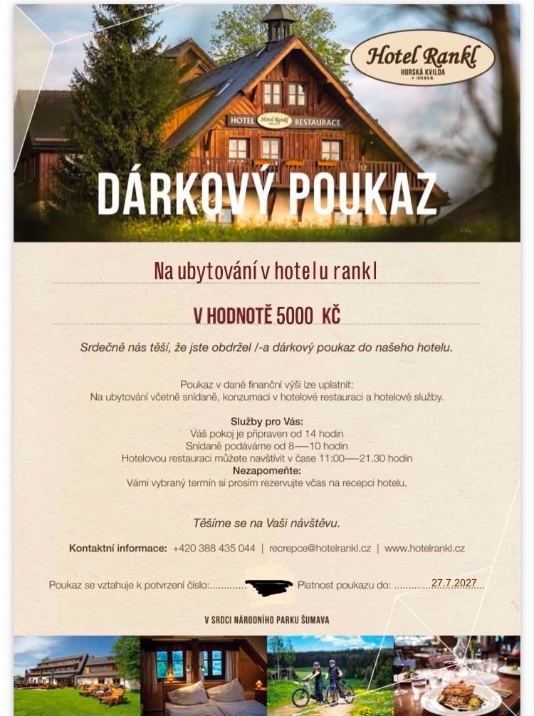 Dárkový poukaz 5000kč Šumava hotel Rankl platnost 27.7.3027