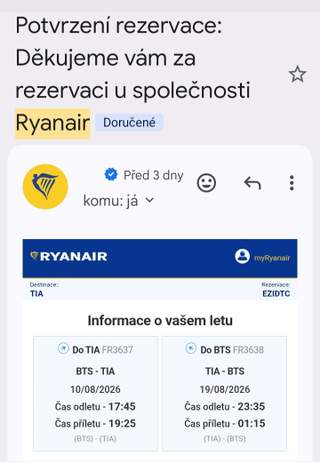 Zpáteční letenky Bratislava-Tirana