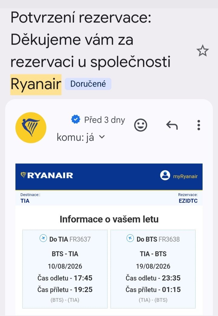 Zpáteční letenky Bratislava-Tirana