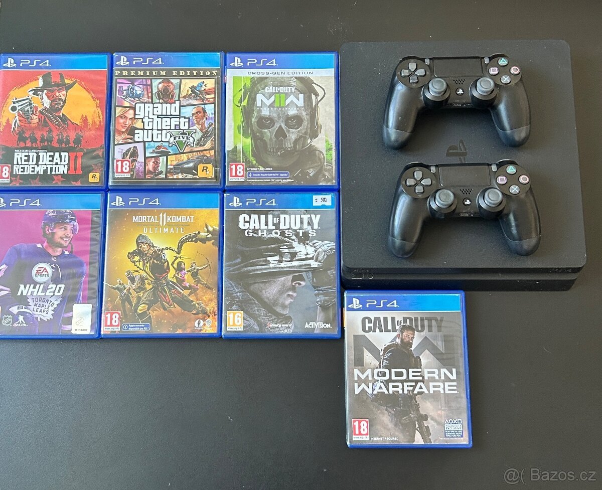 PlayStation 4 Slim 500 GB + 2 ovladače + 7 her